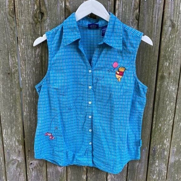 Vintage 90s Disney Winnie the Pooh plaid tank top button-down shirt Embroidered - Picture 1 of 7